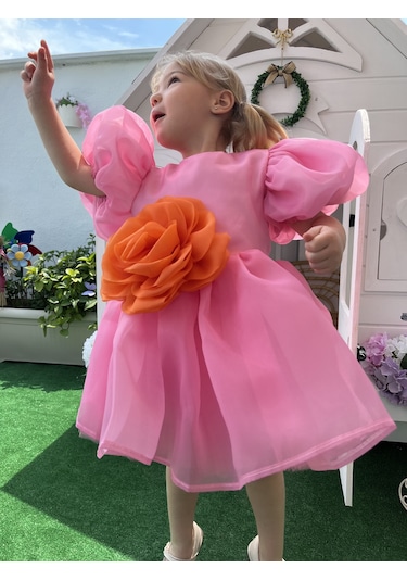 Rose- Pembe Şifon Kısa Kollu Kız Çocuk Elbisesi Pembe