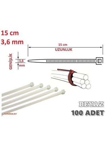 100 Adet 15cmx3,6mm Beyaz Plastik Cırt Kelepçe Kablo Bağı