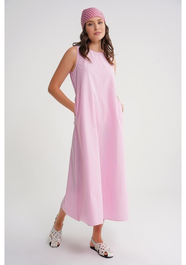 4690 Kadın Bisiklet Yaka Sıfır Kol Midi Paraşüt Elbise Pembe Pembe
