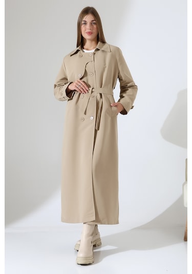 Amazon Keten Kumaş Uzun Boy Düğmeli Astarlı Yumuşak Dokulu Trenç Kot Taş Taş