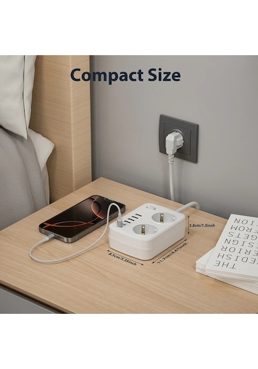 Motion003 8i 1 Arada Kompakt Kup Guc Seridi Beyaz 10 Ft Asiri Gerilim Korumasi 2 Ac Priz 4 Usb Port 2 Type C Port Ab Fis