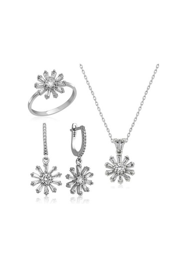 Gümüş Trapez Taşlı Çiçek Kadın Set (551180021)