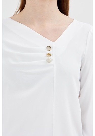 Yakası Pileli Ve Düğme Detaylı Gömlek Ekru Ekru
