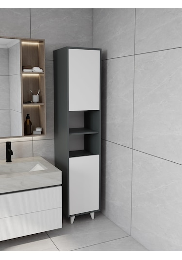 Riva Çamaşır Sepetli Banyo Dolabı Koyu Gri Renk