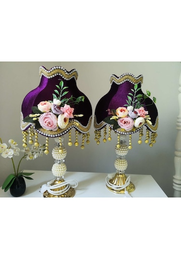 İki Adet Çiçek Dekorlu Abajur Özel Tasarım Dekoratif Eşya Mor