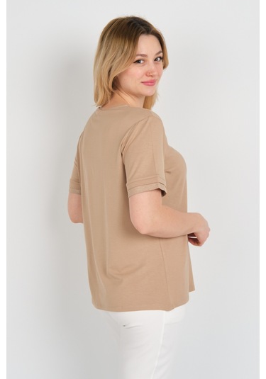 Ella Camelia Kadın Kısa Kollu V Yaka Sim Detaylı Bluz 24e032 Vizon Vizon