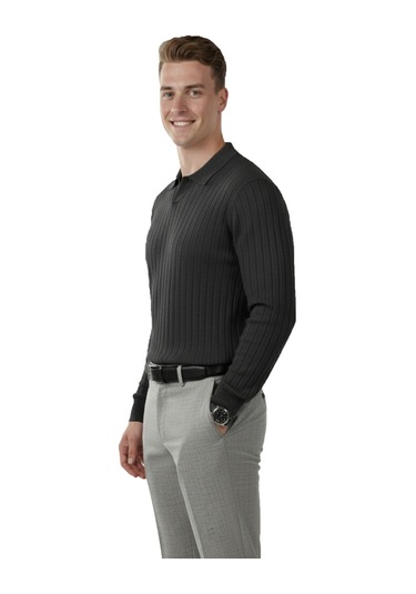 Deepsea Erkek Füme Polo Yaka Fitilli Triko Kazak %100 Pamuk, Esnek Dokulu, Modern Kalıp 2605305 Füme Deepsea Erkek Füme Polo Yaka Fitilli Triko Kazak %100 Pamuk, Esnek Dokulu, Modern Kalıp 2605305 Füme