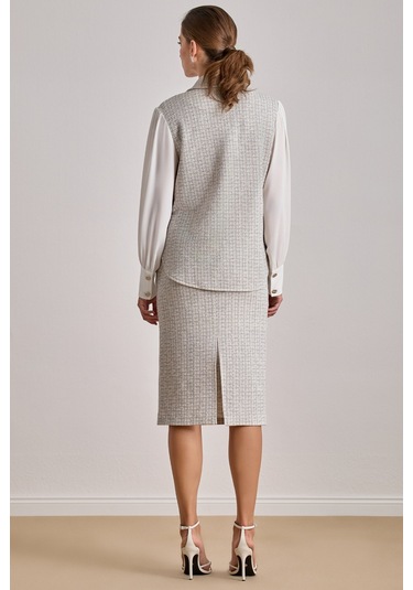 Yandan Cepli Ekru Örme Etek Ekru