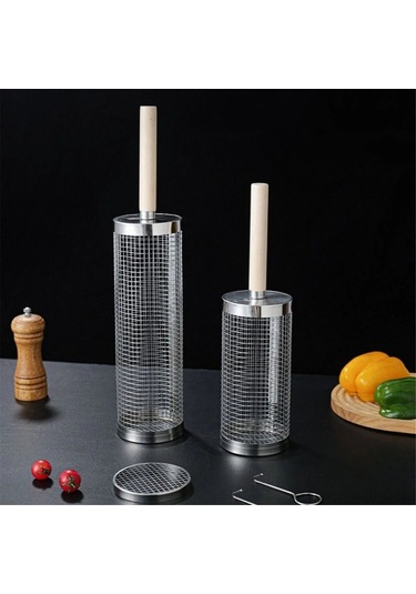 Vkemall 304 Çelik Kaydırmalı Barbekü Kafesi Dışarıda Bbq İçin Ahşap Saplı, Eşit Pişirme, Çatal Ve Kanca İle Zengin Set Gümüş