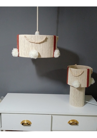 Makrome İp Avize Abajur Ponpon Avize Bebek Çocuk Avize Abajur Set Komple Makrome İp Ekru