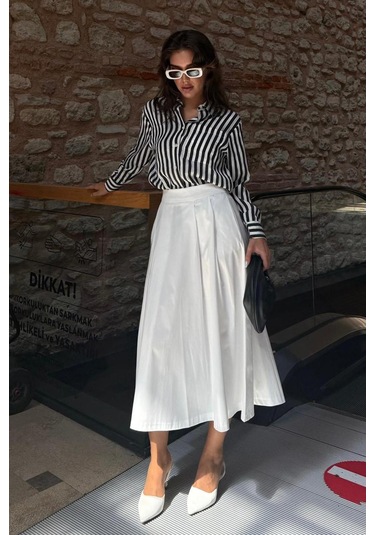 Beyaz Pileli Cepli Kadın Midi Boy Etek Mg2536 Beyaz