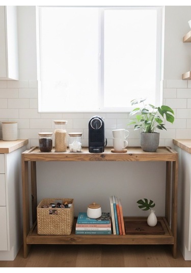 2 Katlı Doğal Ahşap Çok Amaclı Masif Kahve Standı Koyu Meşe Meşe