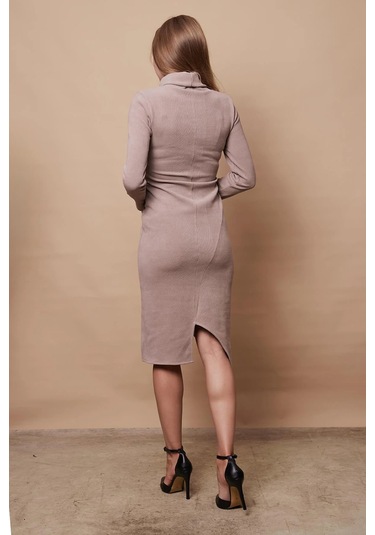 Kadın Likralı Triko Kumaş Tam Balıkçı Asimetrik Uzun Kol Diz Boy Elbise-bej Bej