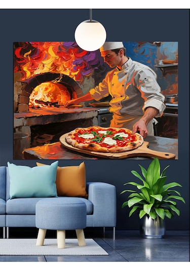 Odun Fırınında Pizza Ustası Dekoratif Kanvas - Mdf Ahşap Tablo