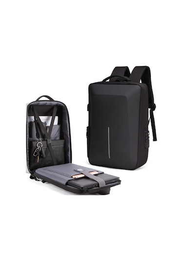 Sert Kabuk Hırsızlık Önleyicili Laptop Sırt Çantası Siyah