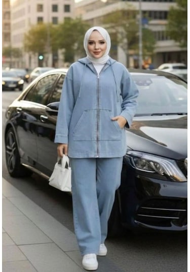 Lovie Moda Kadın Yan Cepli Kot Denim Takım Mavi