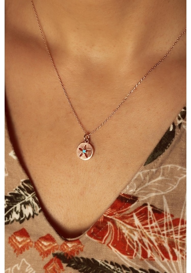 Mavi Taşlı Yuvarlak Gümüş Kolye - Rose