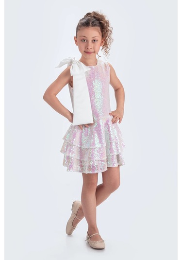 Etekli Şık Elbise Pullu 3 Kat Beyaz