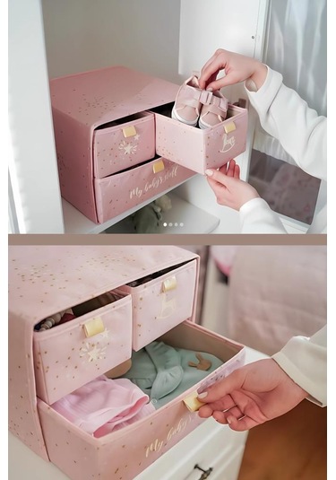 Flora 3 Bölmeli Baby Çekmece, Yenidoğan Bebek Kıyafet Çamaşır Patik Bez Düzenleyici Kutu Pembe Pembe