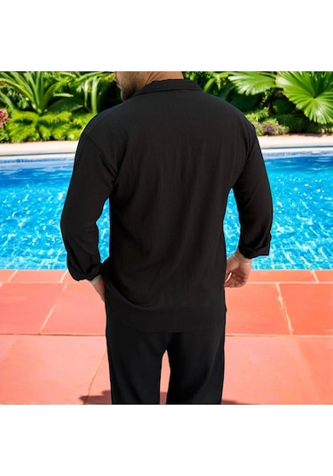 Erkek Bürümcük Krinkıl Kumaş Yazlık Likralı Apaj Yakalı Gömlek Ve Eşofman Takım Kombini Siyah