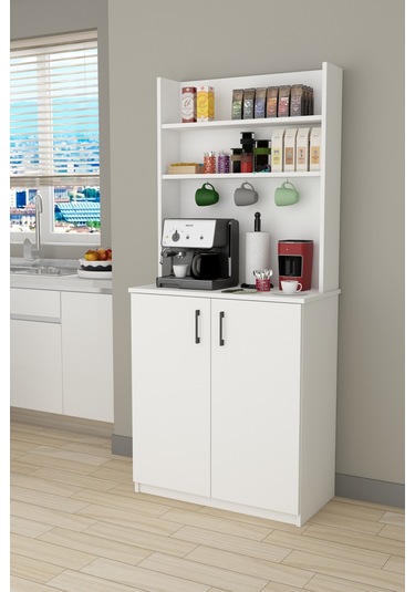 %100 Mdflam Kahve Köşesi Çok Amaçlı Mutfak Dolabı Kahve01 Beyaz Beyaz