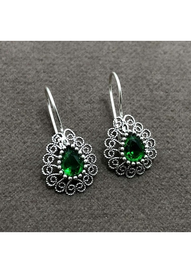 Midyatgümüşnurtaş Zümrüt Taşlı Damla Model Oksitli Telkari Gümüş Bayan Küpe