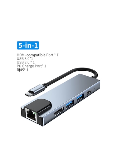 Maiyame Usb-c 5-in-1 Genişletme Dökümü - Hdmı 4k, Usb3.0, Usb2.0, Rj45 Ethernet, 87w Pd Şarj - Uzay Gri