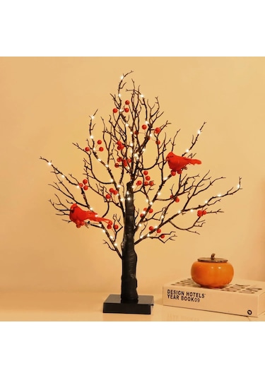 Geeroyoo Led Aydınlatmalı Kırmızı Kuş Ve Meyve Desenli Orman Dekorasyon Lambası - Noel, Yılbaşı, Partiler İçin Isıklı Ambiyans Oluşturucu Tahtaüstü Dekoratif Işık Kırmızı