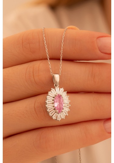 Kadın Gümüş Kolye - Damla Model Pembe Zirkon Taşlı Baget Süslemeli Rodyumlu Kadın Kolye