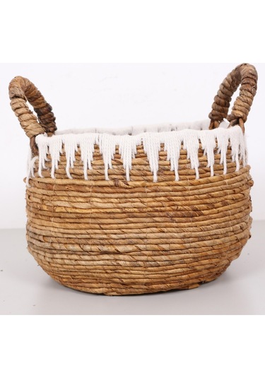 Avanos Doğal Abaka El Yapımı Yuvarlak Kulplu Sepet 35x32x32 Cm Bej