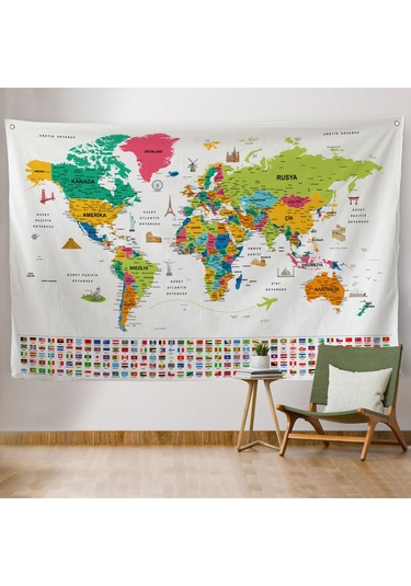 Türkçe Ülke Bayrak Lı Eğitici Başkent Detaylı Atlası Dünya Haritası Duvar Örtüsü-halısı 3841
