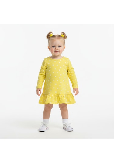 Çiçekli Uzun Kol Kız Bebek Elbise St09754 Sari