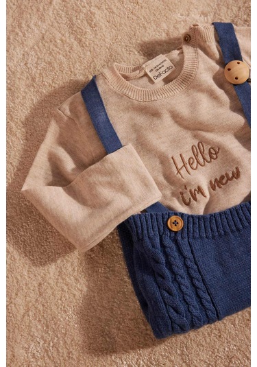 Defacto Erkek Bebek 2'li Takım Uzun Kollu Nakış Bisiklet Yaka Triko Kazak Ayarlanabilir Askılı Örgü Desenli Triko Salopet C9592A524AUBE341 Mavi