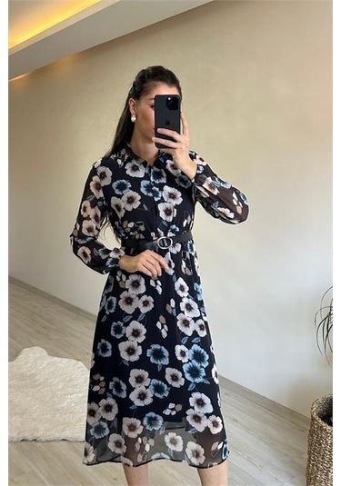 Neşeli Butik Kadın Desenli Gömlek Yaka Midi Elbise Nm011 Mint Yeşili