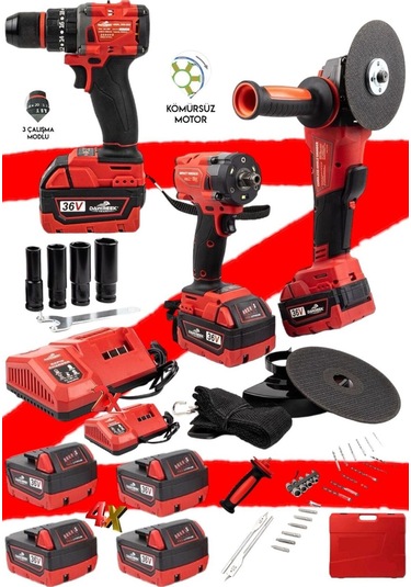 Matkap-taşlama-somun 3'lü Set 36 Volt 5 Ah 4 Akülü Kömürsüz Seri