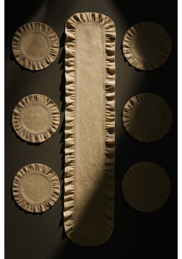 Fırfırlı Runner Ve Supla Takımı - Masa Örtüsü Takımı 7 Parça 145x40 Bej