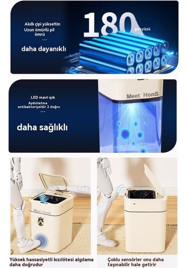 Didadodo Pratik Sensörlü Tam Otomatik Çöp Kovası 20l-krem Beyaz 11 Cream White