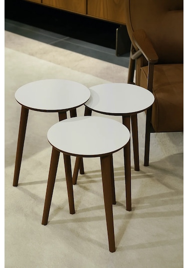 Madrid 3'lü Zigon Sehpa %100 Mdf Yuvarlak Beyaz