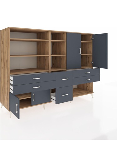 Kronos Dolap 10 Raflı 6 Çekmeceli 4 Kapaklı 220x59x163 Çam-antras Çam-antrasit