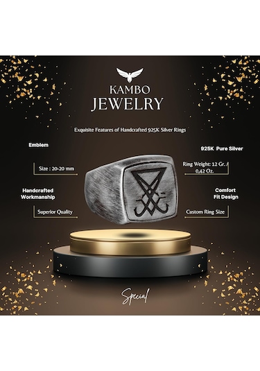 El Yapımı 925 Ayar Gümüş Erkek Yüzük Lucifer Amblemi İle Gümüş