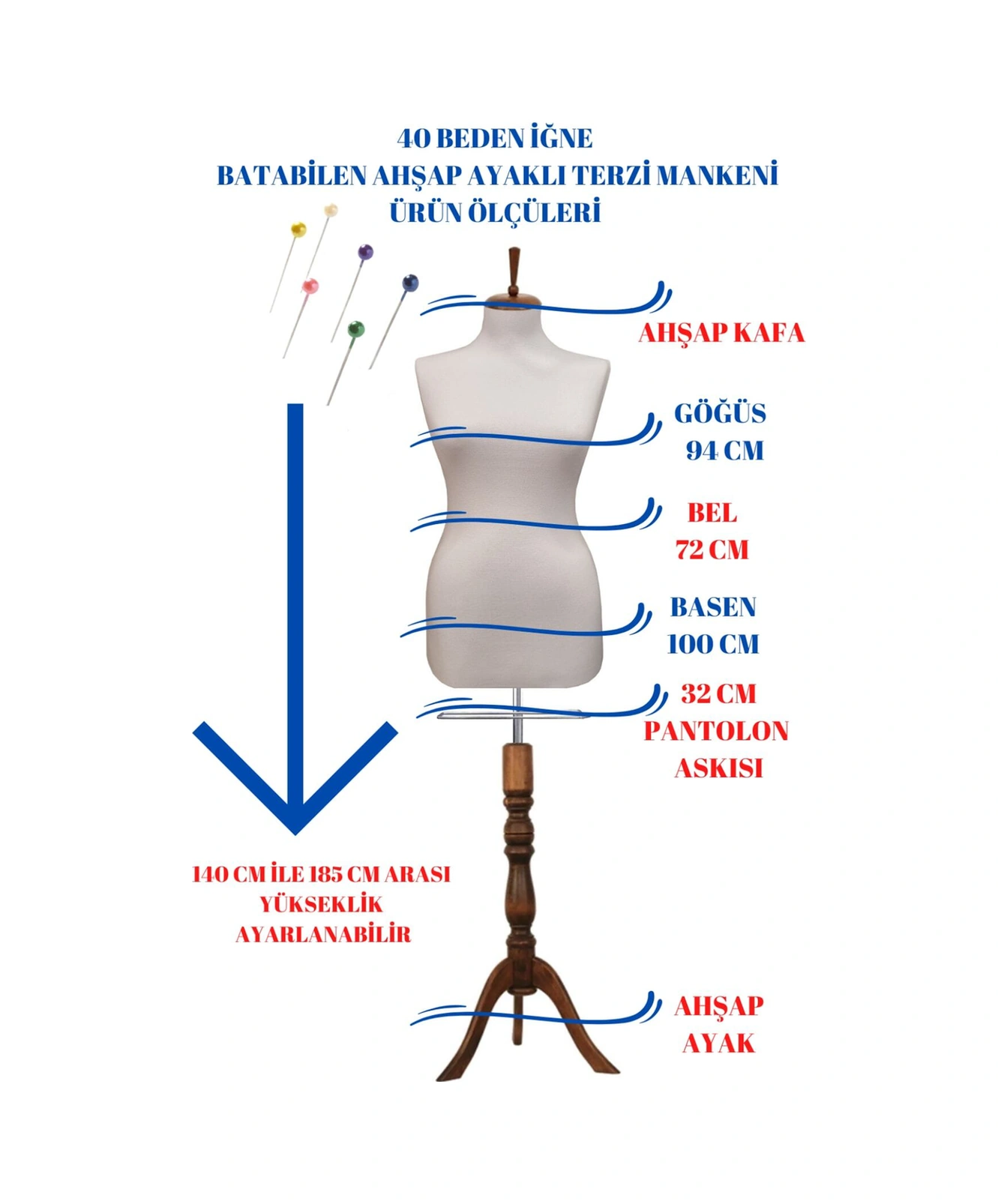 Sünger Iğne Batabilen 40 Beden Beyaz Kumaşlı Ahşap Ayaklı Terzi Mankeni Prova Mankeni Po-01 0009