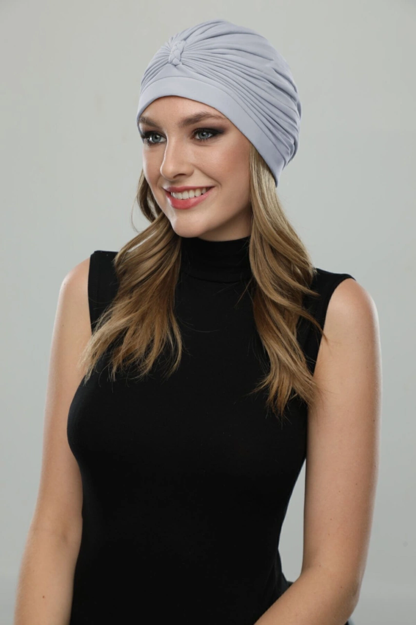 Örgülü Açık Gri Hazır Türban Tesettür Havuz Bonesi Açık Gri