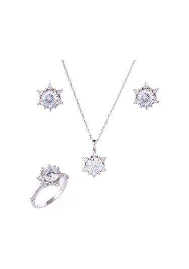 7 Mm Zirkon Taşlı Lotus-çiçek Model 925 Ayar Gümüş Üçlü Kadın Takı Seti Gümüş