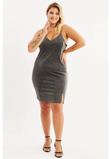 Simli İp Askılı Yırtmaçlı Elbise-1624 Gümüş