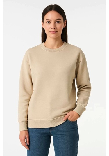 Kadın Üç İplik Düz Bisiklet Yaka Sweatshirt - Bej Bej