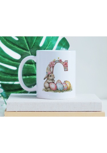 C Harfli Tavşan Kupa - Patchwork / Yamalı Desenli İsme Özel Kupa - Pastel Vintage Tarz Hediyelik Beyaz