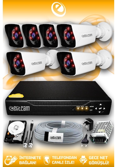 Elitcam 6 Kameralı Kare 6 Dış Kamera Set 250 GB HDD Full HD Gece Görüşlü Güvenlik Kamerası Sistemi