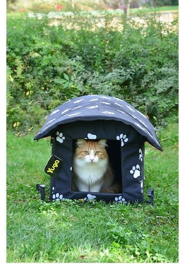 Yuga Pati Desenli Siyah Kedi Evi Isı Ve Yağmur Korumalı