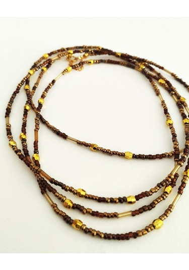 K216 Minimal, Zarif Boncuk, Dolamalı Kolye Kahverengi&atın Sarı Altın - Kahverengi