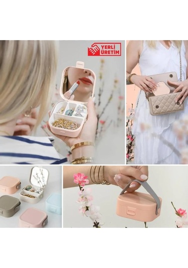 Taşınabilir Makyaj Takı Kutusu Mini Boy Aynalı Organizer Krem